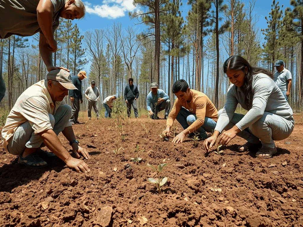 A group of volunteers planting trees in a rural area, symbolizing community involvement in land stewardship.