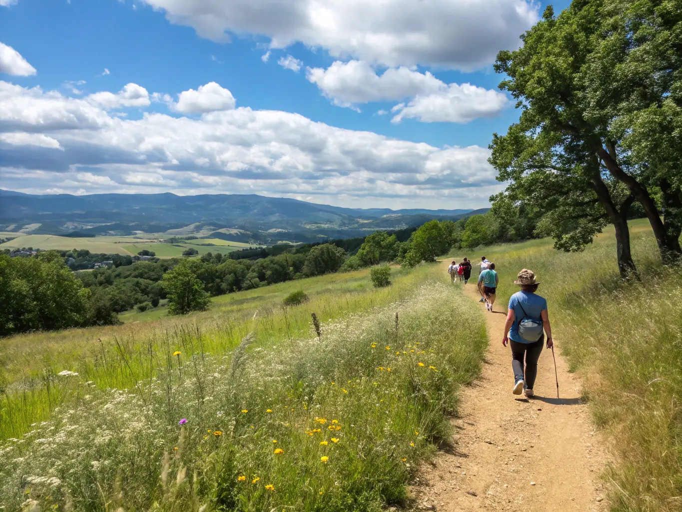 Families and community members enjoying a group hike through scenic rural trails with lush greenery.