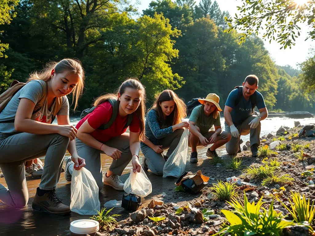 A picturesque landscape showing community members participating in a land cleanup activity, emphasizing the collective effort in maintaining the environment.