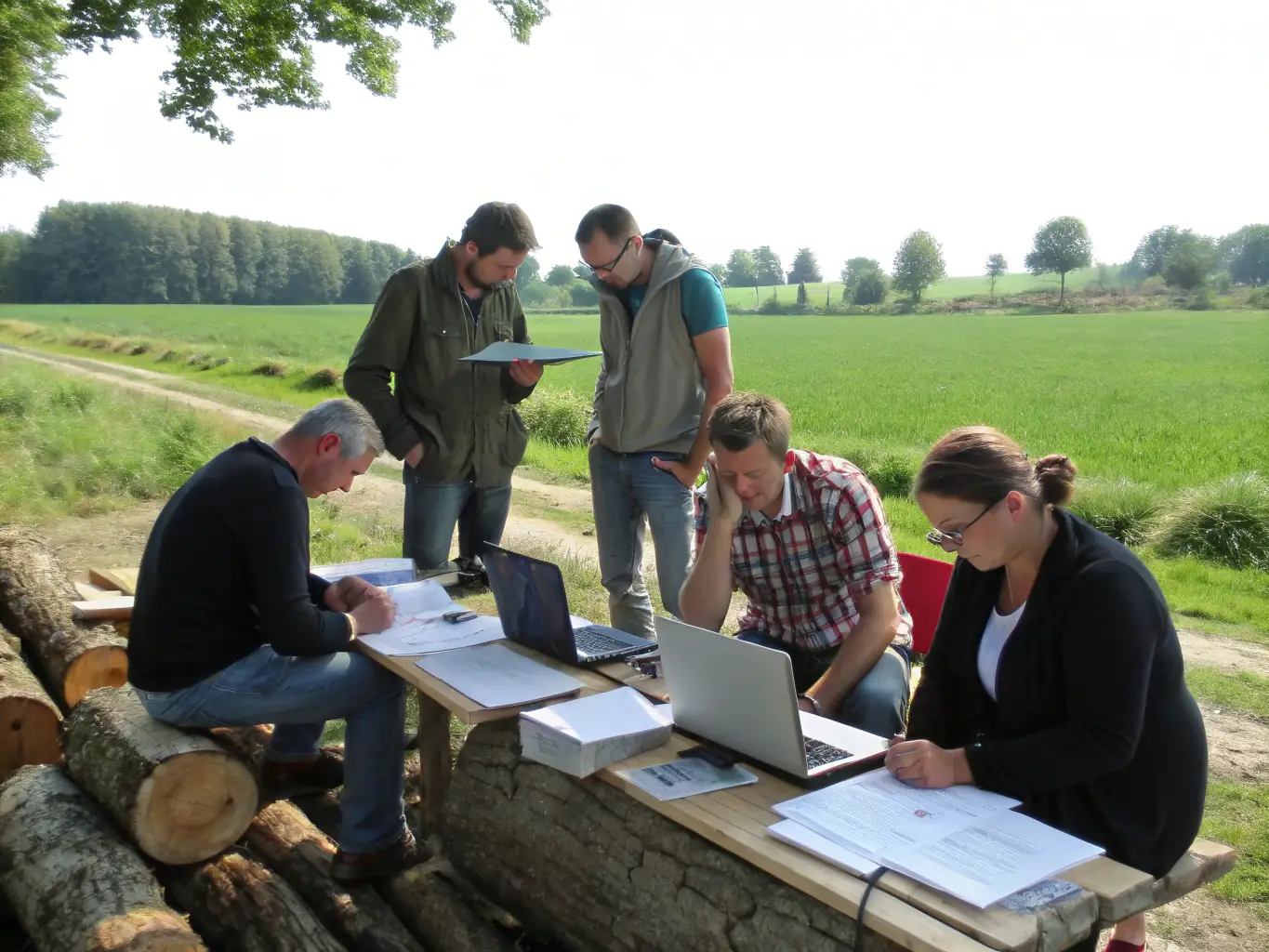 A diverse group of community members participating in a workshop on sustainable land management practices, with educational materials and tools visible.