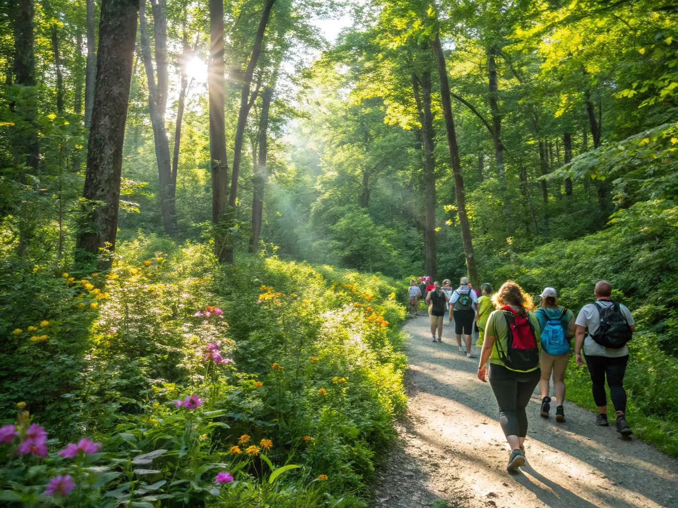 A photograph of people participating in a guided nature walk, showcasing recreational activities organized by the organization.