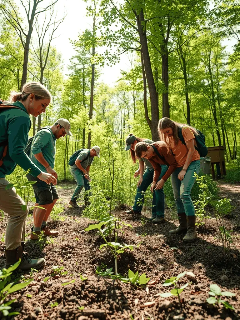 A group of volunteers planting trees in a community forest, showcasing AMICALE PROPRIETAIRES ST SETIERS EST's commitment to environmental stewardship.
