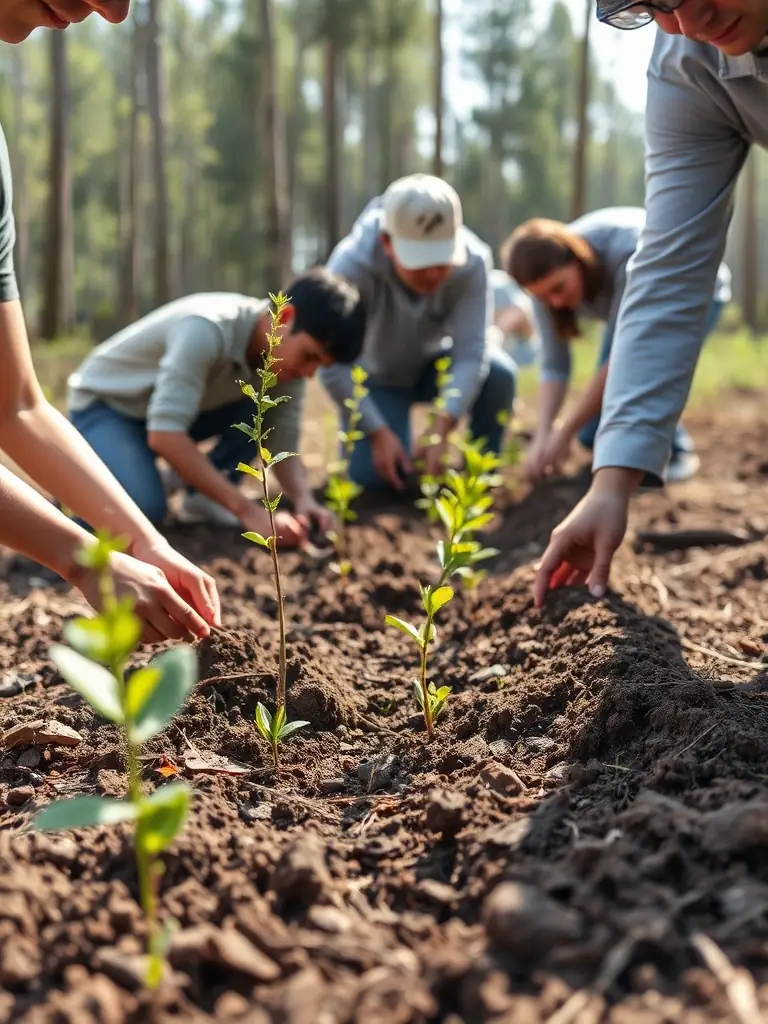 A group of volunteers planting trees in a community forest, showcasing AMICALE PROPRIETAIRES ST SETIERS EST's commitment to environmental stewardship.