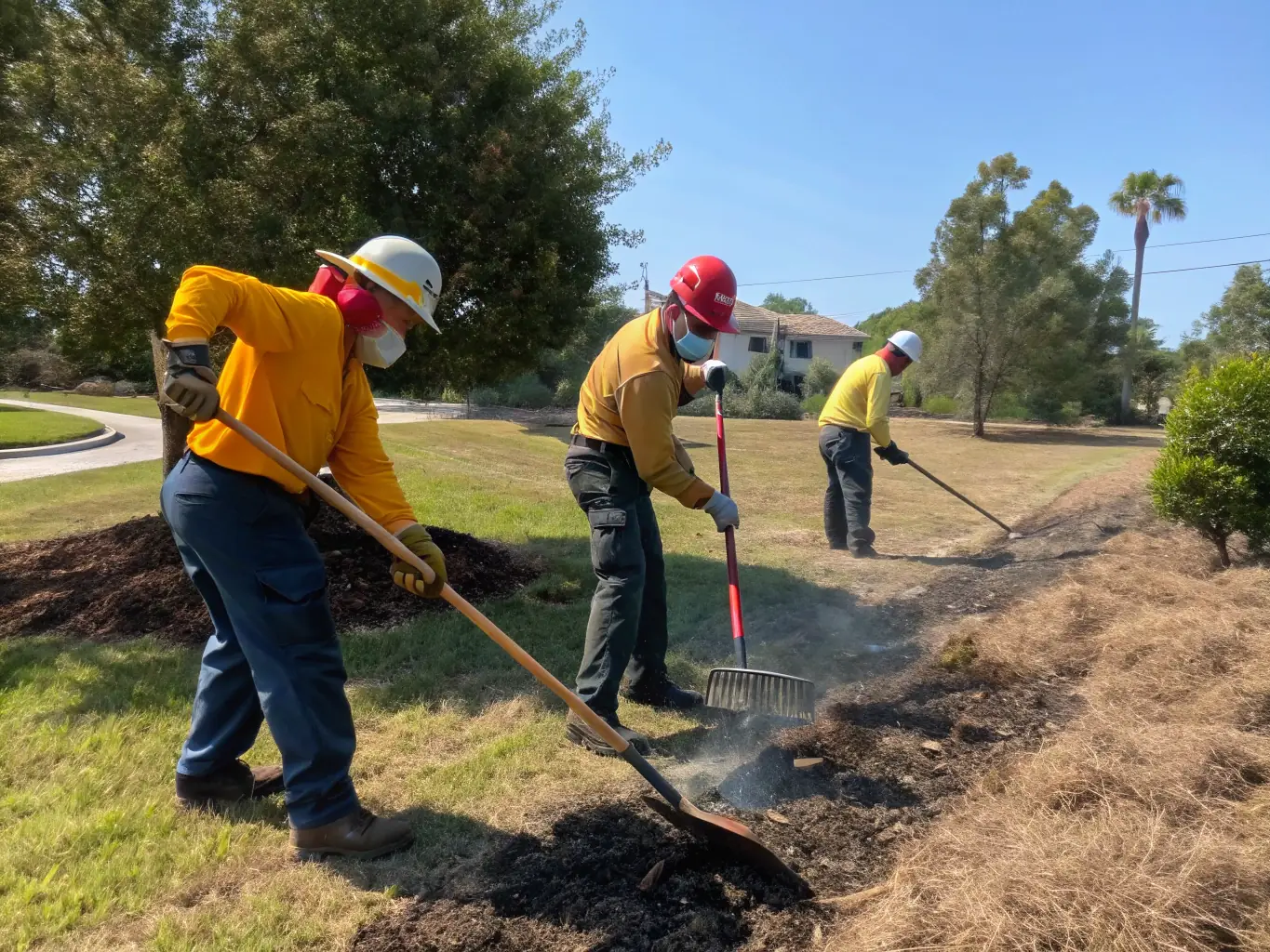 A group of landowners collaboratively working on maintaining a shared rural space, with tools and natural landscapes in the background.